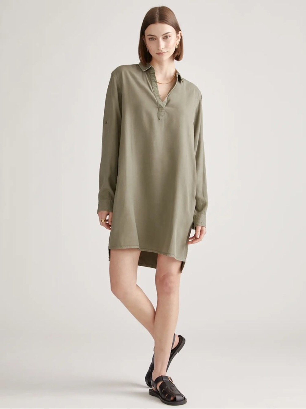 Quince Olive Gray Vintage Wash Tencel Roll Sleeve Tunic Dress Medium